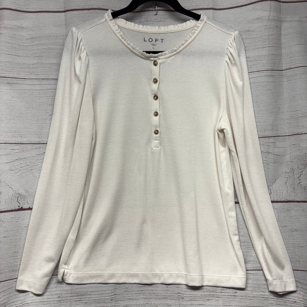 Loft White Knit 1/4 Button Long sleeve T shirt Sweater Size L